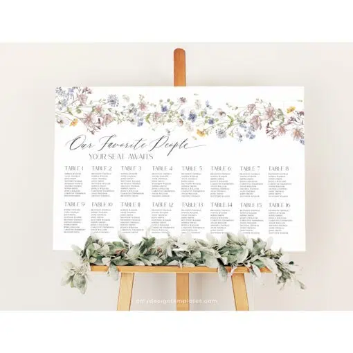 Wedding Seating Chart Sign Template, Table Seating Chart Sign, Botanical Wedding Seating Chart, Wildflower Seating Chart Sign D026 Amy Design Templates