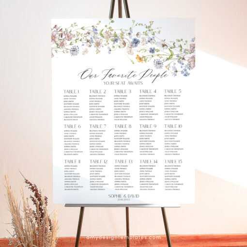 Wedding Seating Chart Sign Template, Table Seating Chart Sign, Botanical Wedding Seating Chart, Wildflower Seating Chart Sign D026 Amy Design Templates