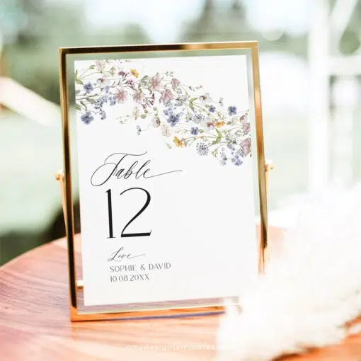 Wildflower Table Number Sign Template, Editable Floral Custom Sign, Botanical Shower Number Sign, Personalized Sign Printable D026