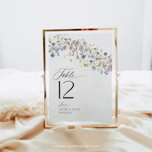 Wildflower Table Number Sign Template, Editable Floral Custom Sign, Botanical Shower Number Sign, Personalized Sign Printable D026