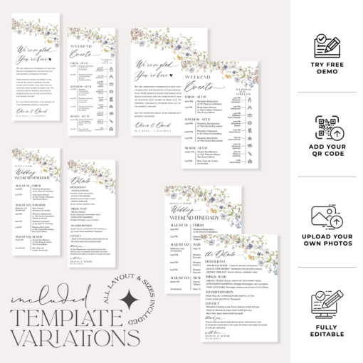 Wedding Itinerary Template, Weekend Itinerary Editable, Wedding Timeline Schedule Minimalist Template, Weekend Events Wildflower Wedding D026 Amy Design Templates