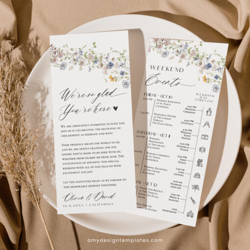 Wedding Itinerary Template, Weekend Itinerary Editable, Wedding Timeline Schedule Minimalist Template, Weekend Events Wildflower Wedding D026 Amy Design Templates