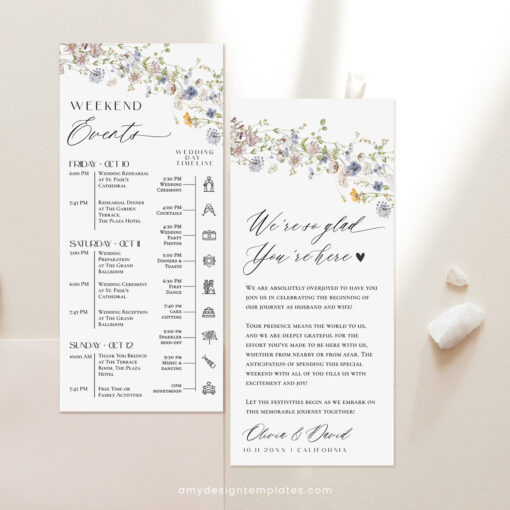 Wedding Itinerary Template, Weekend Itinerary Editable, Wedding Timeline Schedule Minimalist Template, Weekend Events Wildflower Wedding D026 Amy Design Templates