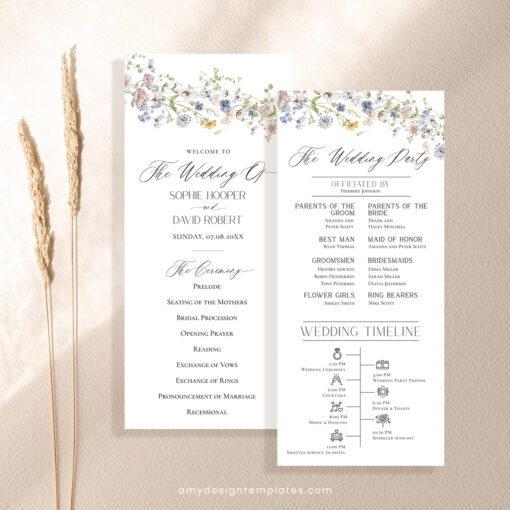 Catholic Wedding Program Template, Wildflower Wedding Ceremony Program Folded, Botanical Wedding Catholic Program, Order of Service D026