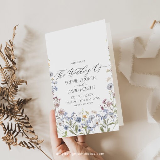 Catholic Wedding Program Template, Wildflower Wedding Ceremony Program Folded, Botanical Wedding Catholic Program, Order of Service D026