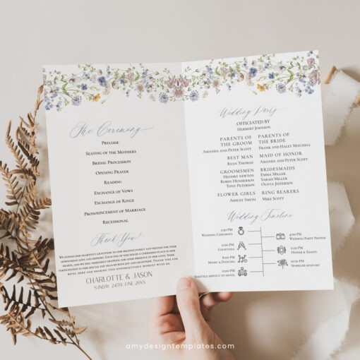 Catholic Wedding Program Template, Wildflower Wedding Ceremony Program Folded, Botanical Wedding Catholic Program, Order of Service D026