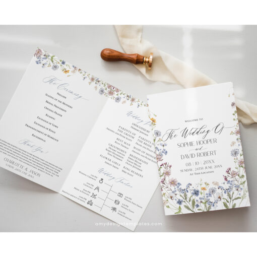 Catholic Wedding Program Template, Wildflower Wedding Ceremony Program Folded, Botanical Wedding Catholic Program, Order of Service D026