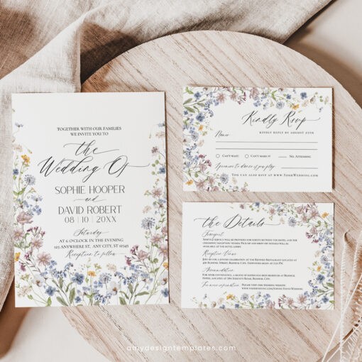 Wildflower Wedding Invitation Suite Template, Meadow Wild Flower Wedding Invitation Template, DIY Wedding Envelope Liner Template D026 Amy Design Templates