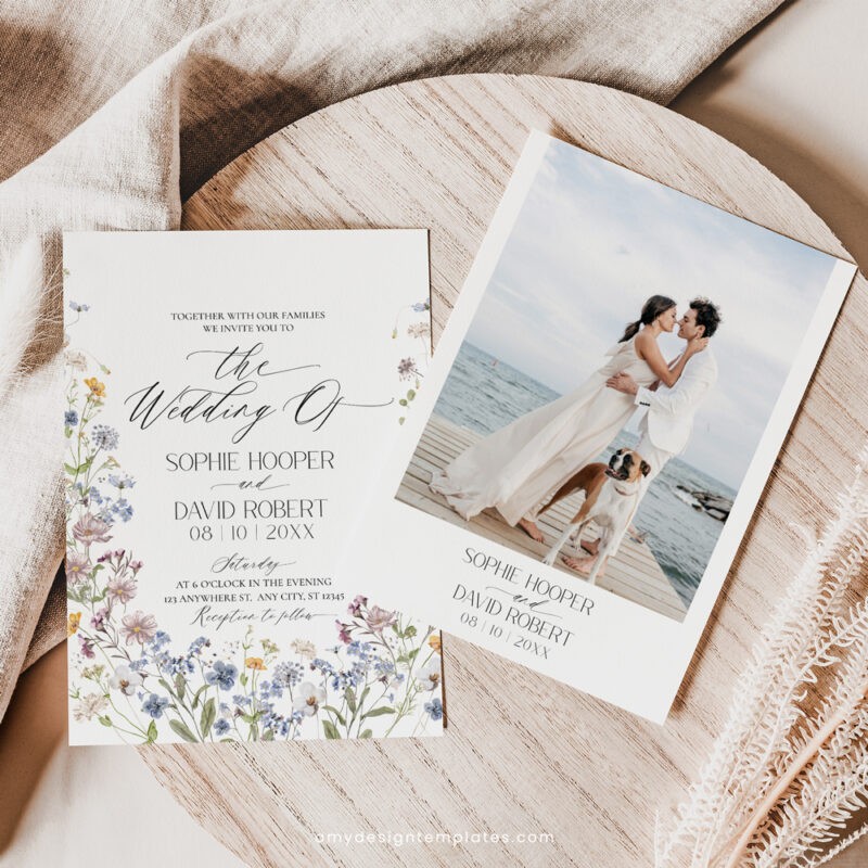 Wildflower Wedding Invitation Suite Template, Meadow Wild Flower Wedding Invitation Template, DIY Wedding Envelope Liner Template D026 Amy Design Templates