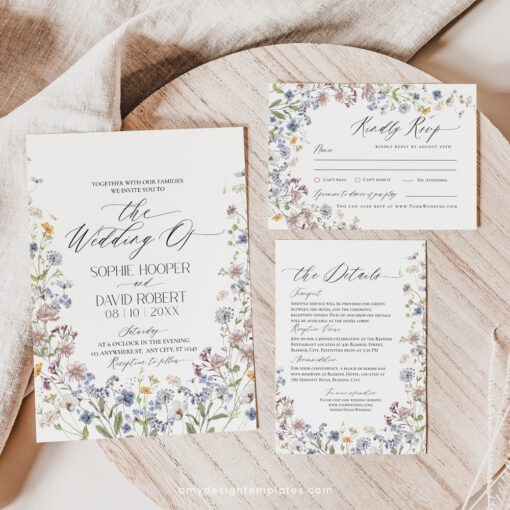 Wildflower Wedding Invitation Suite Template, Meadow Wild Flower Wedding Invitation Template, DIY Wedding Envelope Liner Template D026 Amy Design Templates