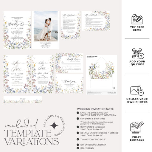 Wildflower Wedding Invitation Suite Template, Meadow Wild Flower Wedding Invitation Template, DIY Wedding Envelope Liner Template D026 Amy Design Templates