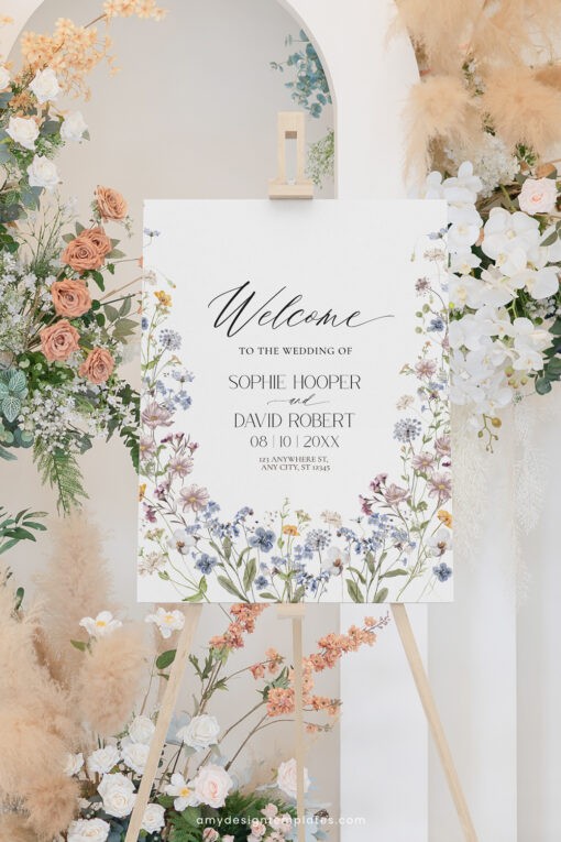 Wildflower Wedding Welcome Sign, Whimsical Garden Welcome Sign, Editable floral garden wedding signage, Horizontal & Vertical Welcome Sign D026 Amy Design Templates