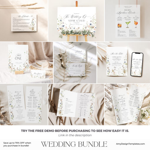 Wildflower Wedding Bundle Template, Botanical Wedding Bundle Template, Wild flower Wedding Template, Meadow Wedding Bundle Template D028