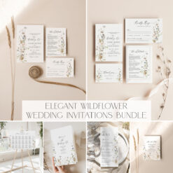 Wildflower Wedding Invitation Template, Elegant Wedding Receptions Bundle Template, Wildflower Wedding Bundles Modern Minimalist D028