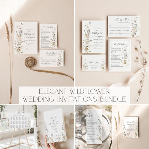 Wildflower Wedding Invitation Template, Elegant Wedding Receptions Bundle Template, Wildflower Wedding Bundles Modern Minimalist D028