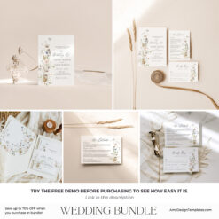 Wildflower Wedding Invitation Template, Elegant Wedding Receptions Bundle Template, Wildflower Wedding Bundles Modern Minimalist D028