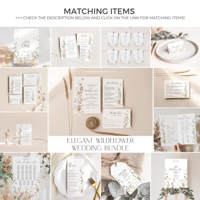 Elegant Wildflower Wedding Invitation Template, Minimalist Botanical Invitation Card Wildflower Wedding Bundle Template, Botanical Wedding Bundle Template, Wild flower Wedding Template, Meadow Wedding Bundle Template D028