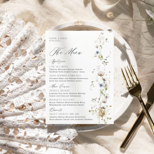 Wildflower Wedding Menu Place Card Template, Wildflower Shower Menu Cards Printable, Menu Card Template Editable Printable D028