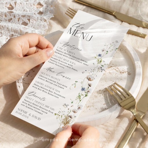 Wildflower Wedding Menu Place Card Template, Wildflower Shower Menu Cards Printable, Menu Card Template Editable Printable D028