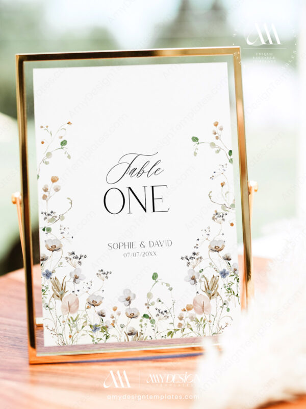Minimalist Wedding Table Number Card Template Printable | Elegant Wildflower Table Assignment Card with Names