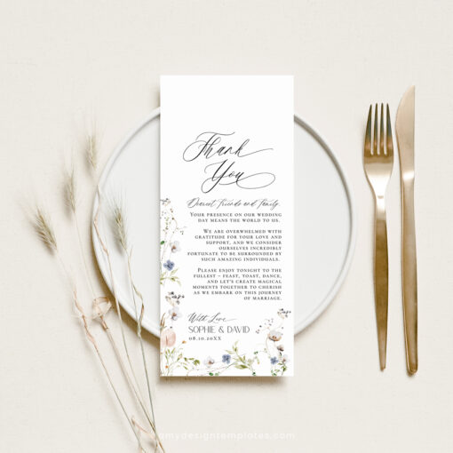 Minimalist Wedding Table Thank You Template, Thank You Napkin Note, Desert Wedding, Place Setting Thank You Editable Wildflower Wedding D028