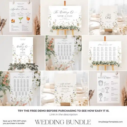 Elegant Wedding Bundle Template, Wildflower Wedding Receptions Bundle Template, Floral Wedding Bundle Signage Printable D028