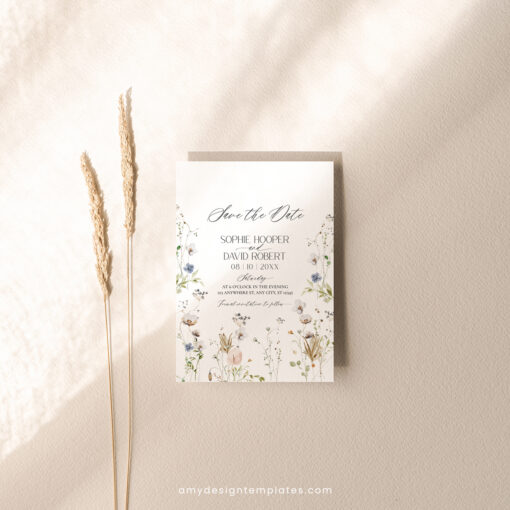 Wildflower Save The Date Card Template, Botanical Save The Date Evite, Floral Save The Date Cards Printable Digital Download D028