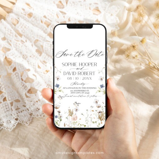 Wildflower Save The Date Card Template, Botanical Save The Date Evite, Floral Save The Date Cards Printable Digital Download D028