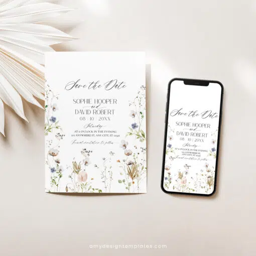 Wildflower Save The Date Card Template, Botanical Save The Date Evite, Floral Save The Date Cards Printable Digital Download D028