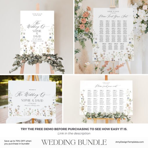 Elegant Wedding Signage Template, Botanical Wedding Bundles, Wildflower Wedding Signs, Floral Wedding Reception Bundles Printable D028