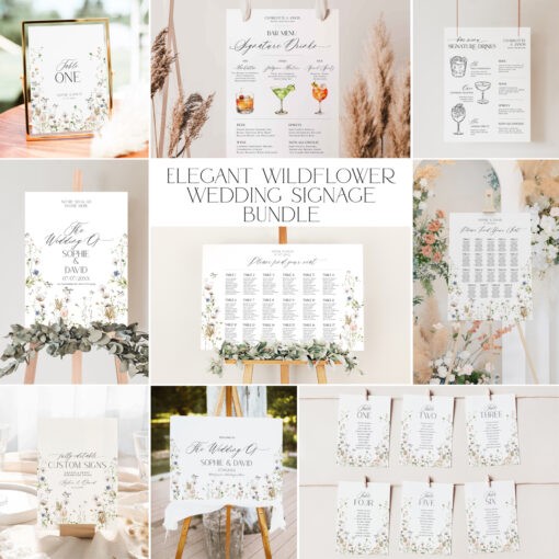 Elegant Wedding Signage Template, Botanical Wedding Bundles, Wildflower Wedding Signs, Floral Wedding Reception Bundles Printable D028