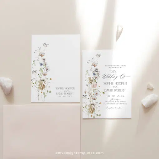 Wildflower Wedding Invitation Template, Elegant Botanical Wedding Invitations Card Amy Design Templates