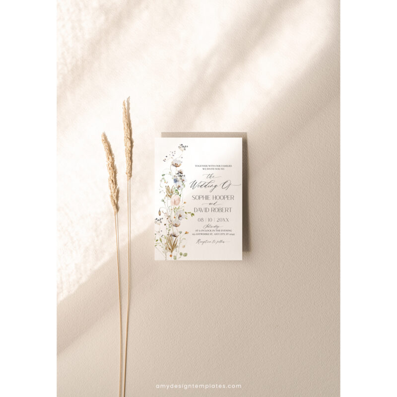 Wildflower Wedding Invitation Template, Elegant Botanical Wedding Invitations Card Amy Design Templates