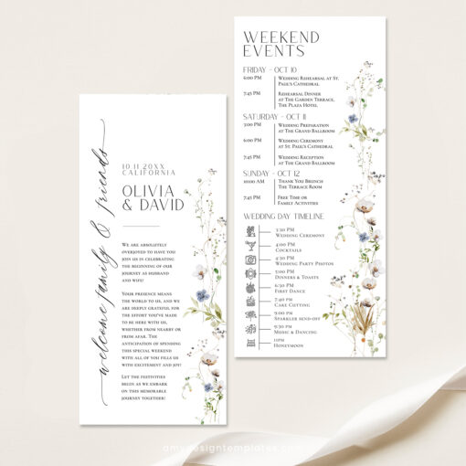 Minimalist Wedding Itinerary Template, Weekend Itinerary Editable, Wildflower Wedding Timeline Schedule Template Printable Template D028