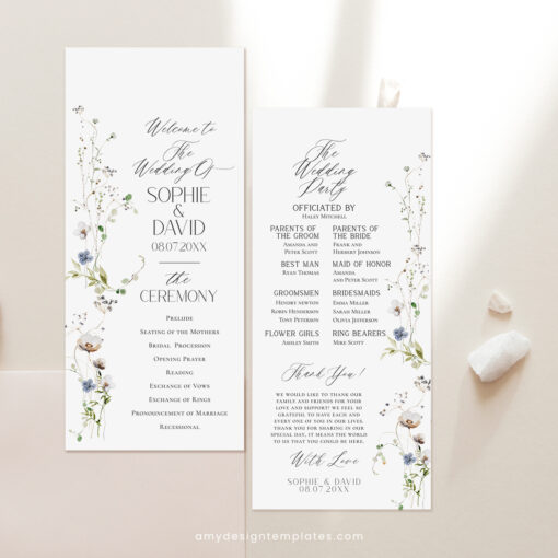 Catholic Wedding Program Template, Wildflower Wedding Ceremony Program Folded, Minimalist Catholic Program, Order of Service D028