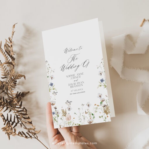 Catholic Wedding Program Template, Wildflower Wedding Ceremony Program Folded, Minimalist Catholic Program, Order of Service D028