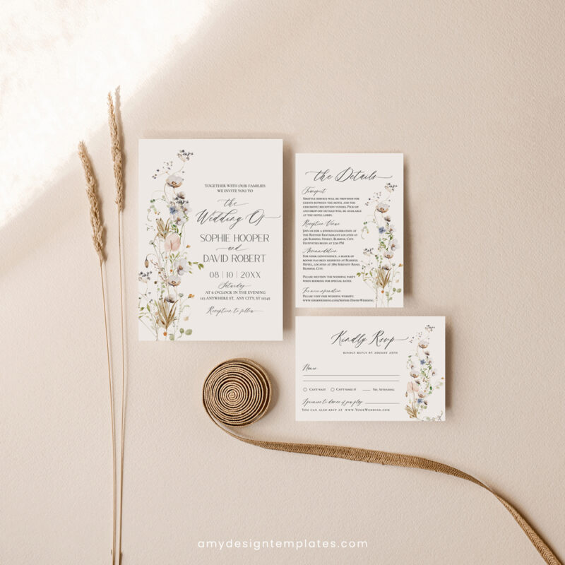 Elegant Wildflower Wedding Invitation Template, Minimalist Botanical Invitation Card Minimalist wildflower wedding invitation suite with white flowers, eucalyptus, dried botanicals, and formal layout in elegant printable templates.