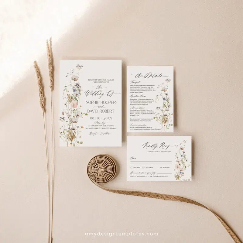 Minimalist wildflower wedding invitation suite with white flowers, eucalyptus, dried botanicals, and formal layout in elegant printable templates.