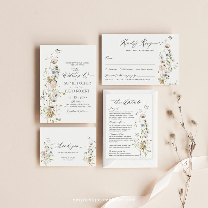 Elegant Wildflower Wedding Invitation Template, Minimalist Botanical Invitation Card Minimalist wildflower wedding invitation suite with white flowers, eucalyptus, dried botanicals, and formal layout in elegant printable templates.
