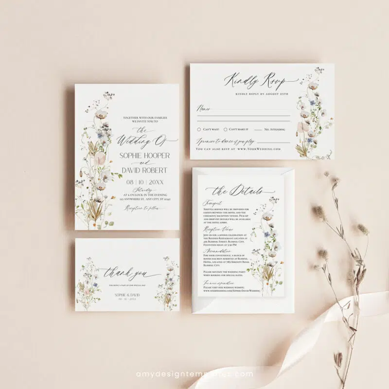 Minimalist wildflower wedding invitation suite with white flowers, eucalyptus, dried botanicals, and formal layout in elegant printable templates.