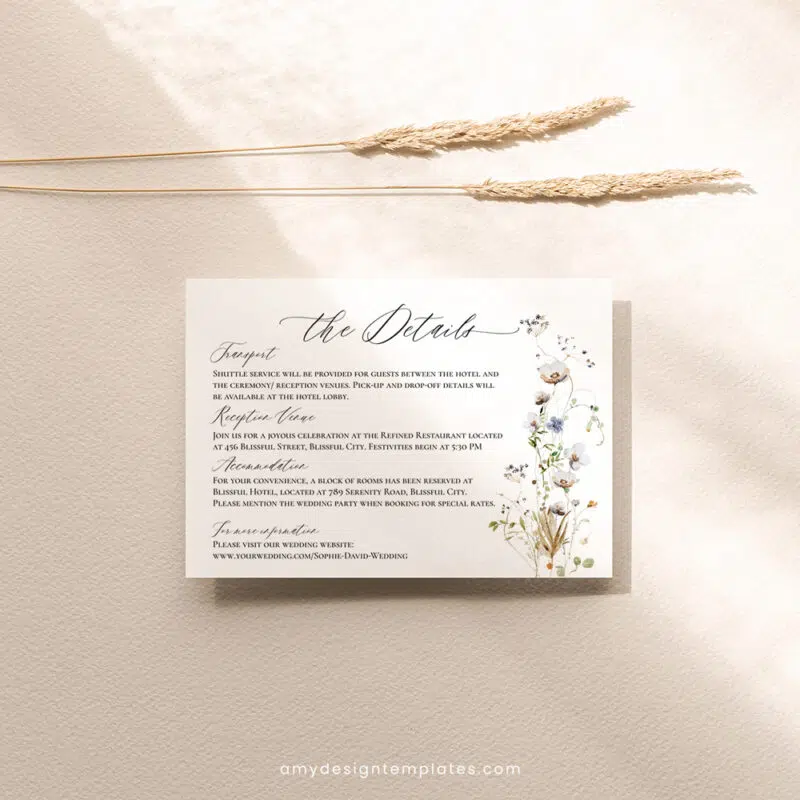 Wildflower enclosure card wedding with botanical design, featuring boho palm leaves, white flowers, eucalyptus, and editable template.