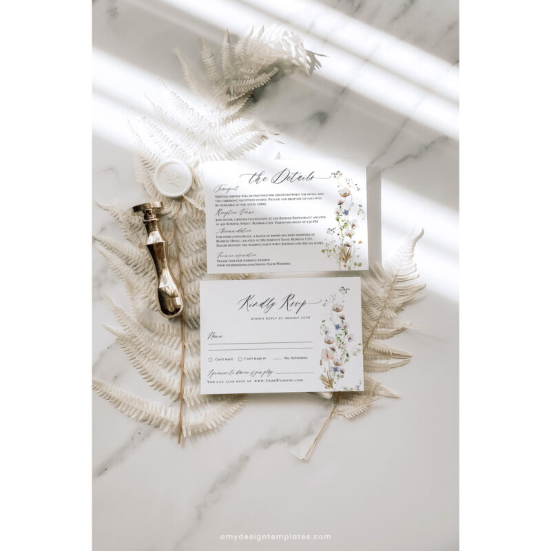 Elegant Wildflower Wedding Invitation Template, Minimalist Botanical Invitation Card Wildflower wedding invitation enclosure card with botanical, boho palm, eucalyptus, and white floral elements, editable template.