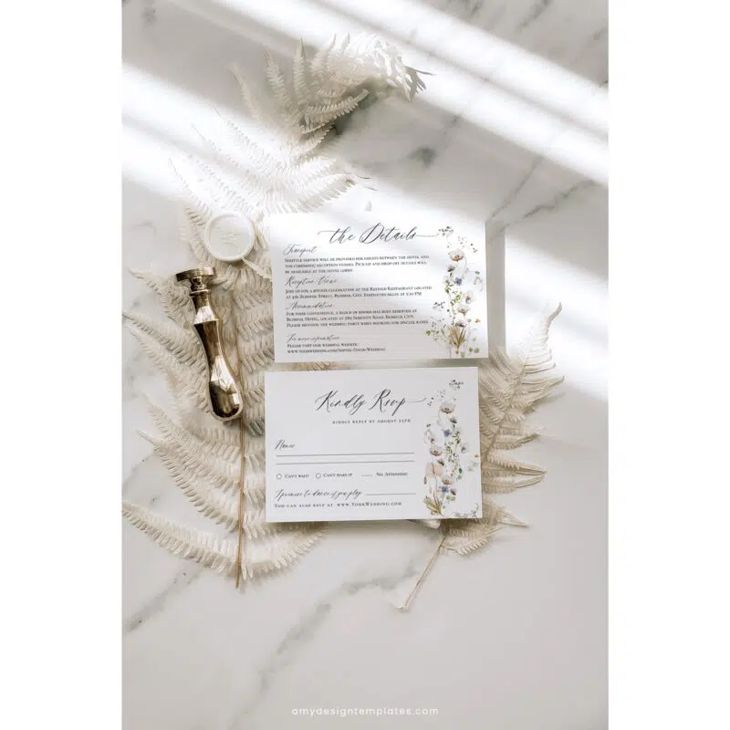 Wildflower wedding invitation enclosure card with botanical, boho palm, eucalyptus, and white floral elements, editable template.