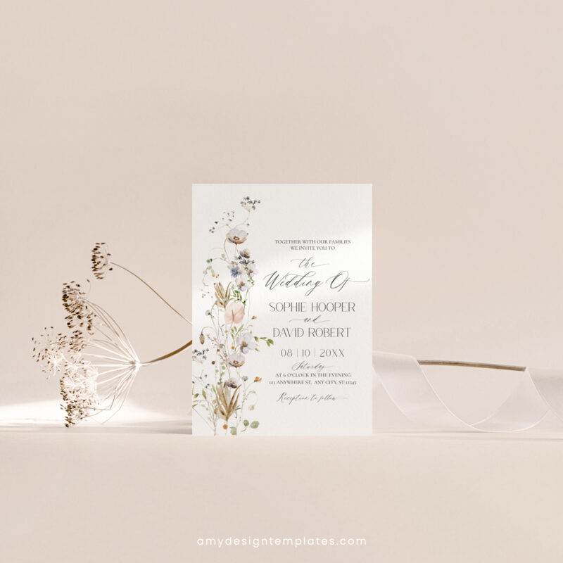 Elegant Wildflower Wedding Invitation Template, Minimalist Botanical Invitation Card Minimalist wildflower wedding invitation suite with white flowers, eucalyptus, dried botanicals, and formal layout in elegant printable templates.
