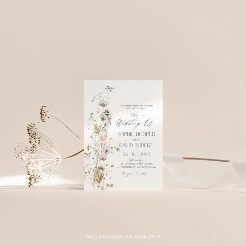 Minimalist wildflower wedding invitation suite with white flowers, eucalyptus, dried botanicals, and formal layout in elegant printable templates.
