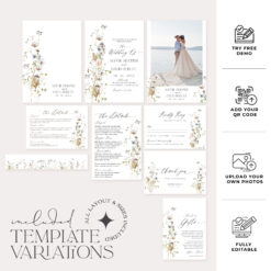 Wildflower Wedding Invitation Suite Template, Botanical Wildflower Wedding Invitation Card, Elegant Wedding Invite Template Editable D028