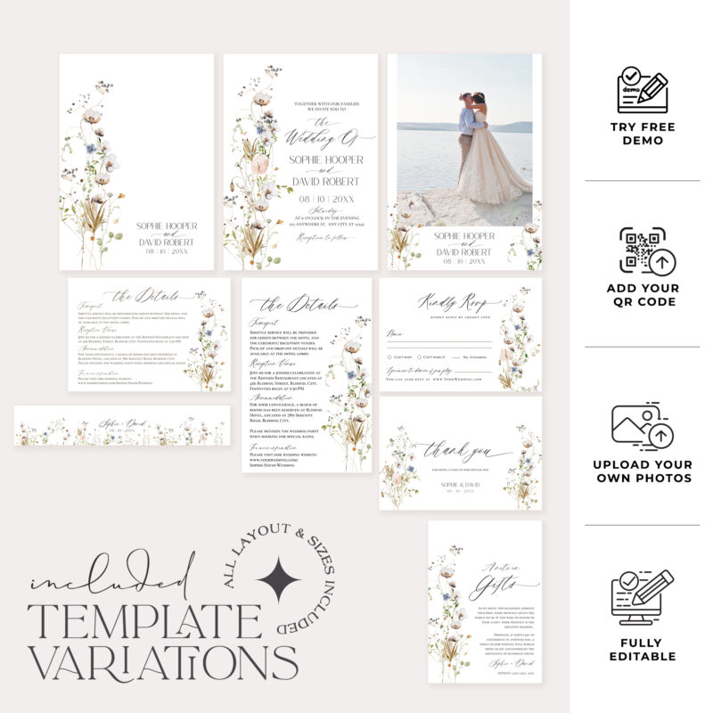 Elegant Wildflower Wedding Invitation Template, Minimalist Botanical Invitation Card Minimalist wildflower wedding invitation suite with white flowers, eucalyptus, dried botanicals, and formal layout in elegant printable templates.