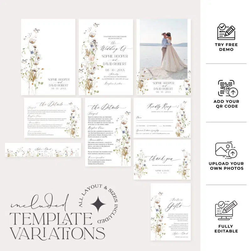 Minimalist wildflower wedding invitation suite with white flowers, eucalyptus, dried botanicals, and formal layout in elegant printable templates.