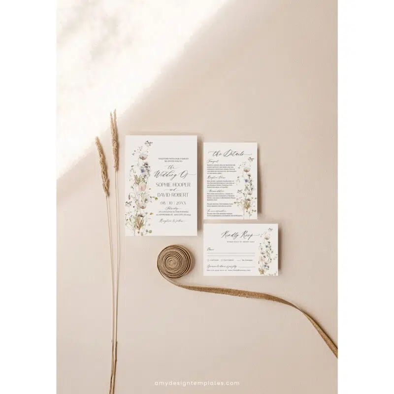 Minimalist wildflower wedding invitation suite with white flowers, eucalyptus, dried botanicals, and formal layout in elegant printable templates.