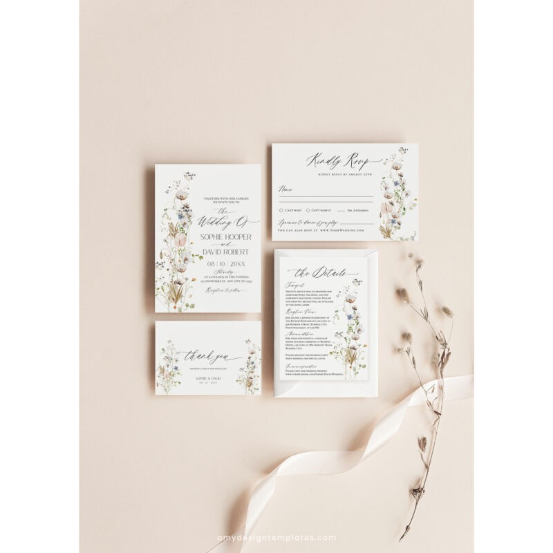 Wildflower Wedding Invitation Suite Template, Botanical Wildflower Wedding Invitation Card, Elegant Wedding Invite Template Editable D028